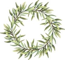 Watercolor wreath of green olive leaves. Hand painted floral circle border with olive branches isolated on white background.