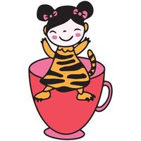 niño pequeño dibujado a mano en traje de tigre sentado en la ilustración de la taza de té vector