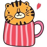 hand drawn cute tiger and fancy cup illustration vector