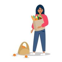 The brunette girl scattered the groceries. Upset girl. Advertising of food delivery, ready meals. Promotion of mobile applications. Vector illustration, flat.