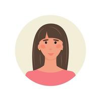 avatar of a brown-haired woman with bangs and long hair in a pink blouse. Unique youth badge for thematic women's forums, emails, chatbots, support. Vector illustration