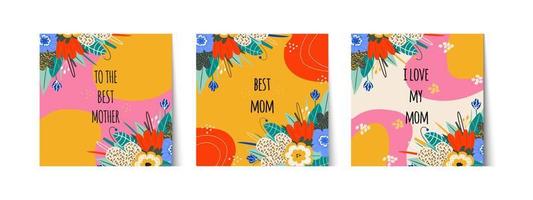 set of stylish cards for mother's day or mom's birthday. Greeting lettering best mom, I love my mom. Bouquet, gift label. Bright flowers and leaves. Vector illustration
