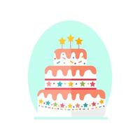 Three-tiered cake. White cake with pink cream, bright sprinkles in the form of stars, circles and sticks. There are three stars on top. Festive birthday biscuit. Vector illustration, flat