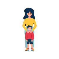 mom and son in full growth. Mom hugs her son. Isolated characters. Beautiful people for blogs, manuals, brochures, school stands, psychological tests, etc. Vector illustration in a flat style