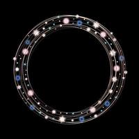 festive round frame with bright twinkling balls, stars for the design of cards, invitations and banners. Glittering scattering on a black background. christmas template for design. Vector illustration