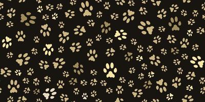 Pet footprints horizontal seamless pattern. Animal print. Gold prints of tracks of a cat, dog on a black background. Pet paw print silhouettes. Cute texture. Vector. vector