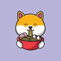 lindo shiba inu comiendo ilustración de icono de vector de dibujos animados de fideos ramen. alimento animal icono concepto aislado premium