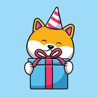 lindo shiba inu con ilustración de icono de vector de dibujos animados de caja de regalo de cumpleaños. concepto de icono animal vector premium aislado