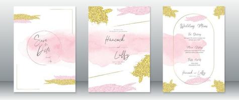 tarjeta de invitación de boda acuarela rosa con textura dorada vector