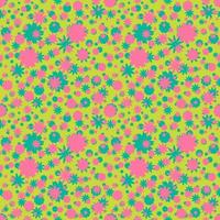 Seamless pattern with pink, green ditsy flowers, dots on green background. Floral background. vector