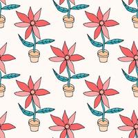 Abstract colorful doodle flower with leaves in pot seamless pattern. Floral background. vector