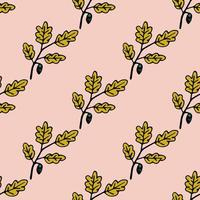 Seamless pattern with hand drawn autumn oak leaves, branches and acorns. Doodle colorful autumn background. Cute infinity wrapping paper. vector