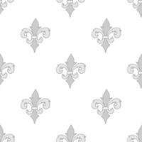 Gray seamless pattern with gray hand drawn doodle royal floral ornament on white. French fleur-de-lis  element. Flourish damask infinity background. vector