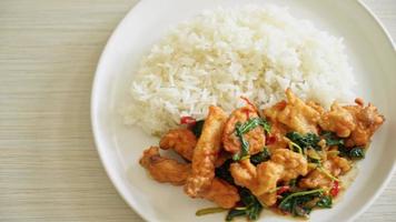 stir-fried fried fish with basil and chili in thai style topped on rice - Asian food style video