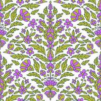 Colorful thin line floral damask seamless pattern with fantasy flowers, leaves. vector