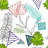 Cute doodle Succulent flowers and striped geometric shapes seamless pattern. Abstract background with plants, bushes isolated. vector