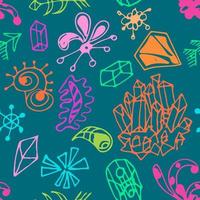 Colorful hand drawn fantasy seamless pattern with different original shapes. Arrows, minerals, triangles, prism, curls. Geometrical abstract background, vector