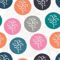 Random pink, orange, blue, gray textured polka dot with flowers inside on white. Doodle seamless pattern with creative circles. Floral background with grunge texture.