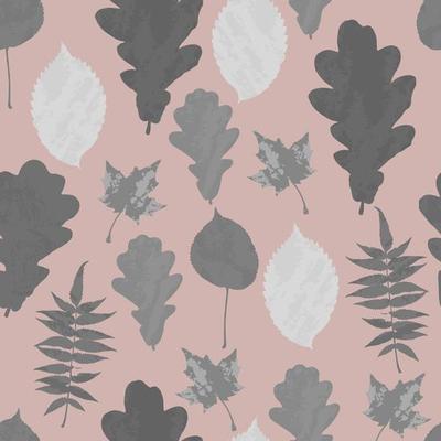 Floral seamless pattern with gray grunge tree leaves on pastel pink background. Maple, Elm, Oak, Aspen textured leaves.