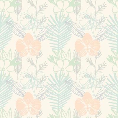 Tropical seamless pattern with frangipani, palm leaves, orchid flower.  Floral colorful background.