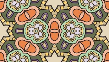 Abstract colorful doodle geometric flower seamless pattern. Floral background. Kaleidoscope mosaic, geo tile of thin line ornament. vector