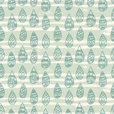 Hand drawn stripped grunge abstract seamless pattern with doodle rain drops. Horizontal green lines.