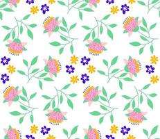 Cute cartoon flowers in flat style seamless pattern. Floral childlike style mosaic background. vector