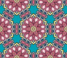 Abstract colorful doodle geometric flower seamless pattern. Floral background. Kaleidoscope mosaic, geo tile of thin line ornament. vector