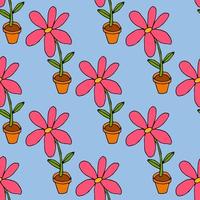 Abstract colorful doodle flower with leaves in pot seamless pattern. Floral background. vector