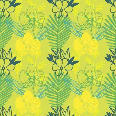 Tropical seamless pattern with frangipani, palm leaves, orchid flower.  Floral colorful background.