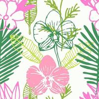 Tropical seamless pattern with frangipani, palm leaves, orchid flower.  Floral colorful background. vector