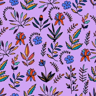 Colorful floral seamless pattern with hand drawn flowers, branches and leaves with black outline.