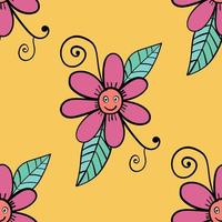 Colorful cartoon doodle floral seamless pattern. Flower characters background. vector