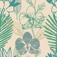 Tropical seamless pattern with frangipani, palm leaves, orchid flower.  Floral colorful background. vector