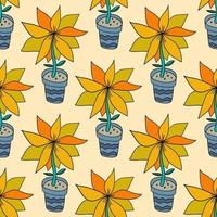 Abstract colorful doodle flower with leaves in pot seamless pattern. Floral background. vector