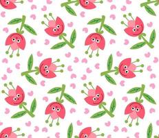 Cute cartoon flower characters in flat style seamless pattern. Floral childlike style mosaic background. vector