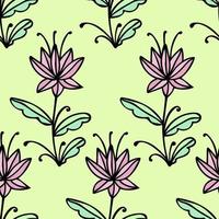 Cute floral seamless pattern with thin line doodle flowers, branches and leaves, floral background. vector