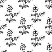 Cute floral seamless pattern with thin line doodle flowers, branches and leaves, floral background. vector