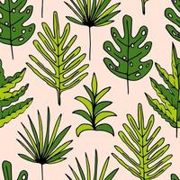 Green tropical background with hand drawn palm leaves, flowers. Tropic seamless pattern.