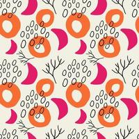 Cute cartoon messy flowers, dots, shapes seamless pattern. Modern geometric shapes background. vector