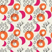 Cute cartoon messy flowers, dots, shapes seamless pattern. Modern geometric shapes background. vector