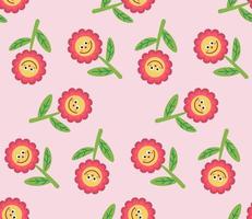 Cute cartoon flower characters in flat style seamless pattern. Floral childlike style mosaic background. vector