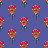 Seamless pattern with colorful fantasy doodle cartoon flowers, floral wrapping paper, background. vector