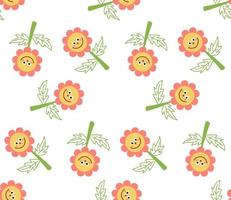 Cute cartoon flower characters in flat style seamless pattern. Floral childlike style mosaic background. vector