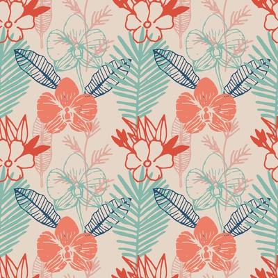 Tropical seamless pattern with frangipani, palm leaves, orchid flower.  Floral colorful background.