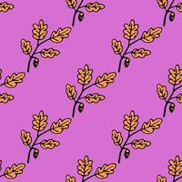Seamless pattern with hand drawn autumn oak leaves, branches and acorns. Doodle colorful autumn background. Cute infinity wrapping paper. vector