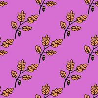 Seamless pattern with hand drawn autumn oak leaves, branches and acorns. Doodle colorful autumn background. Cute infinity wrapping paper. vector