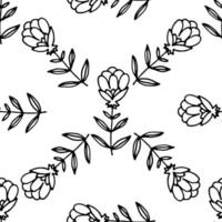 Cute floral seamless pattern with thin line doodle flowers, branches and leaves, floral background. vector