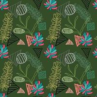 Cute doodle Succulent flowers and striped geometric shapes seamless pattern. Abstract background with plants, bushes isolated. vector