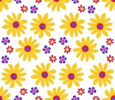 Cute cartoon flowers in flat style seamless pattern. Floral childlike style mosaic background. vector